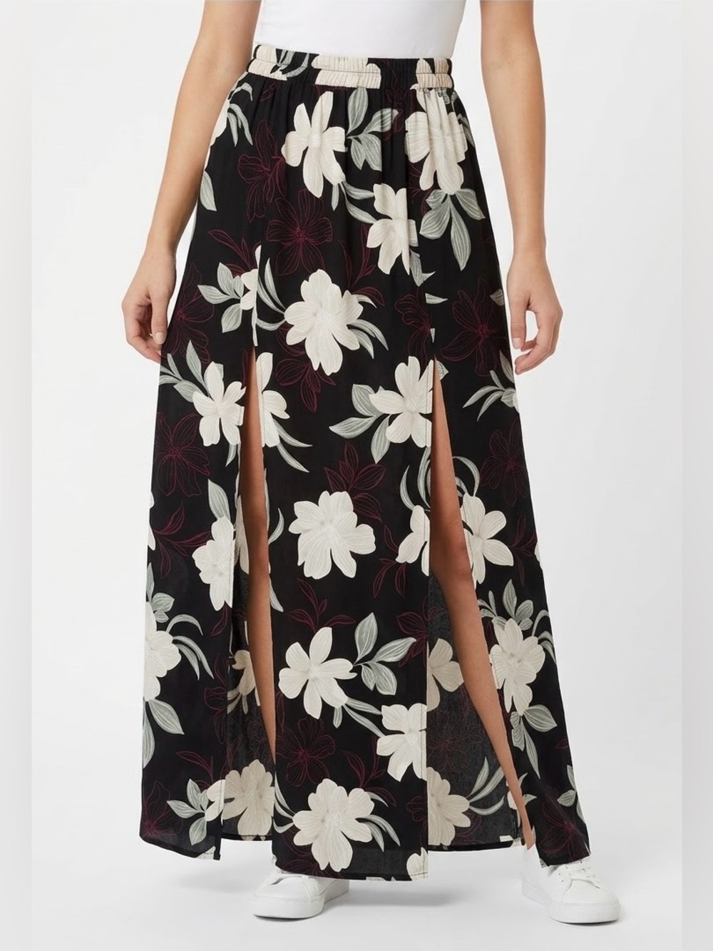 La Vie En Rose Aqua Double-Slit Floral Maxi Skirt Size Small Cream/Black
